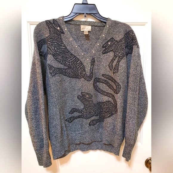 Vintage 80's  Ann Wi Grey And Black Cat Print Silver Tone Studded Sweater Size L - Picture 3 of 6